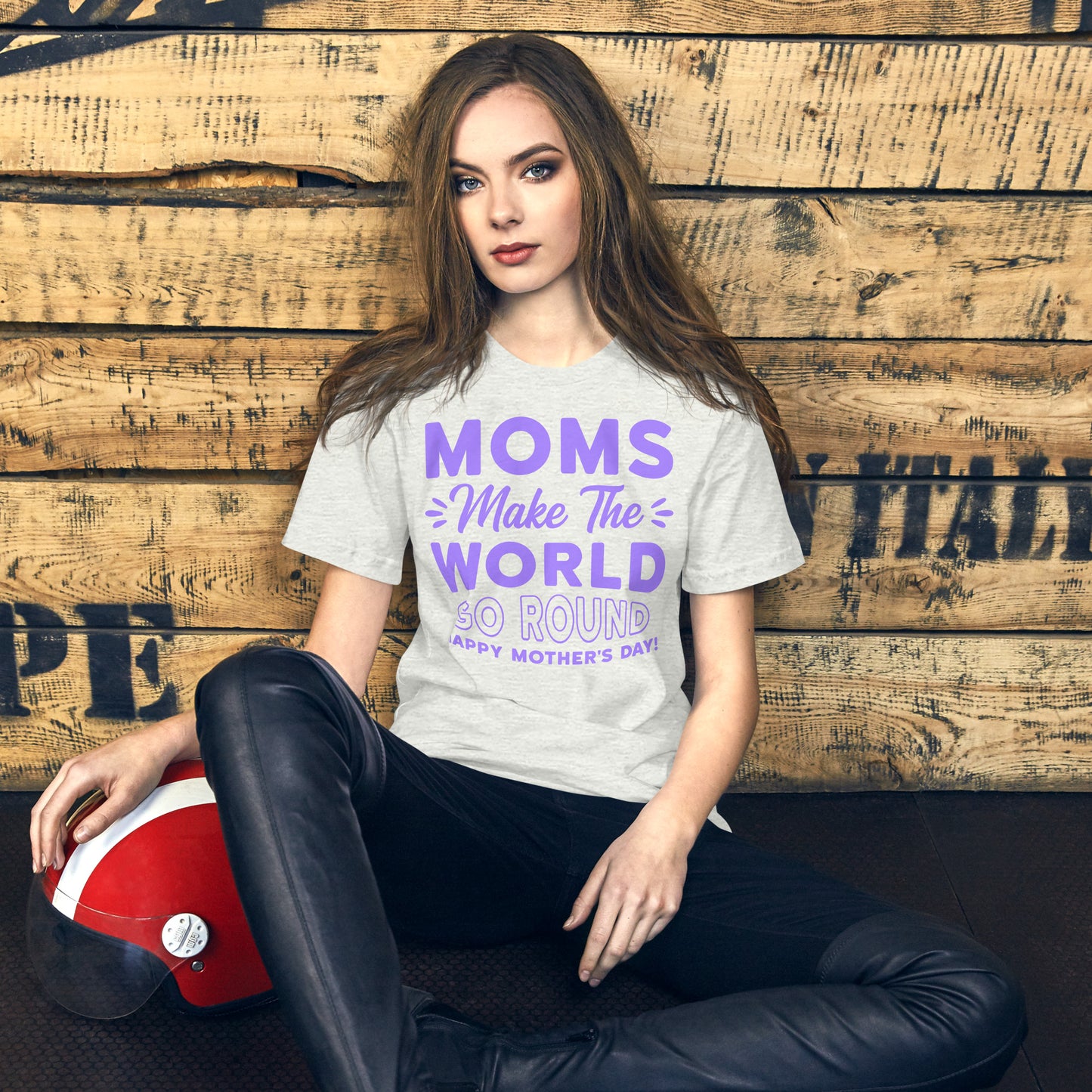 Worldly Love: Unisex Mother's Day T-Shirt - 'Moms Make the World Go Round' on Purple Letters