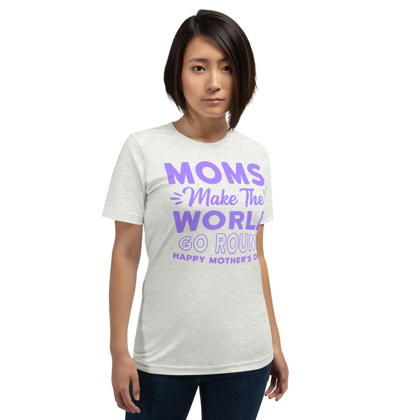 Worldly Love: Unisex Mother's Day T-Shirt - 'Moms Make the World Go Round' on Purple Letters