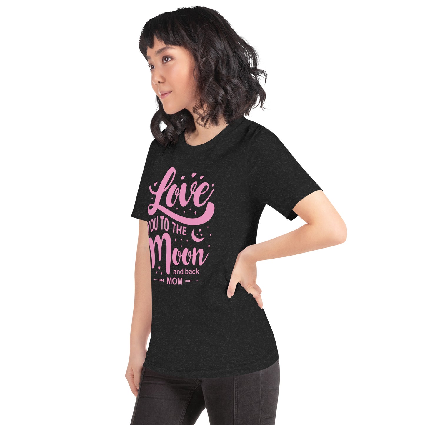 Celestial Affection: Unisex Mother's Day T-Shirt - 'Love You to the Moon and Back Mom' on Pink Letters