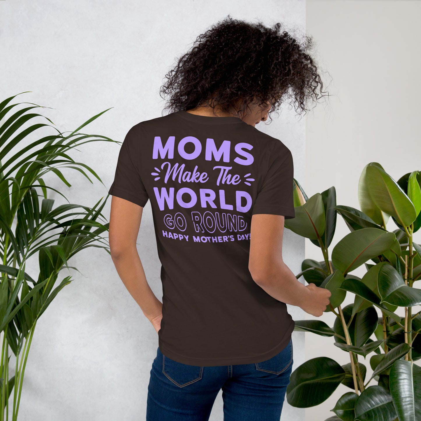 CUSTOM Worldly Love: Unisex Mother's Day T-Shirt - 'Moms Make the World Go Round' on Purple Letters