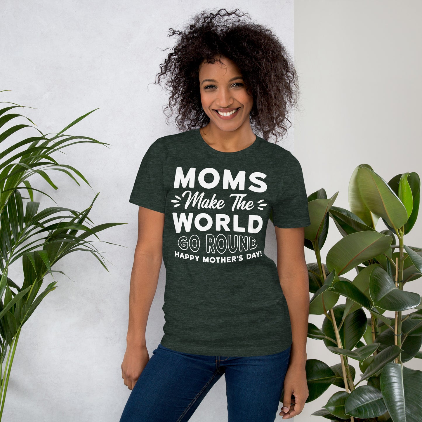 Worldly Love: Unisex Mother's Day T-Shirt - 'Moms Make the World Go Round' on White Letters