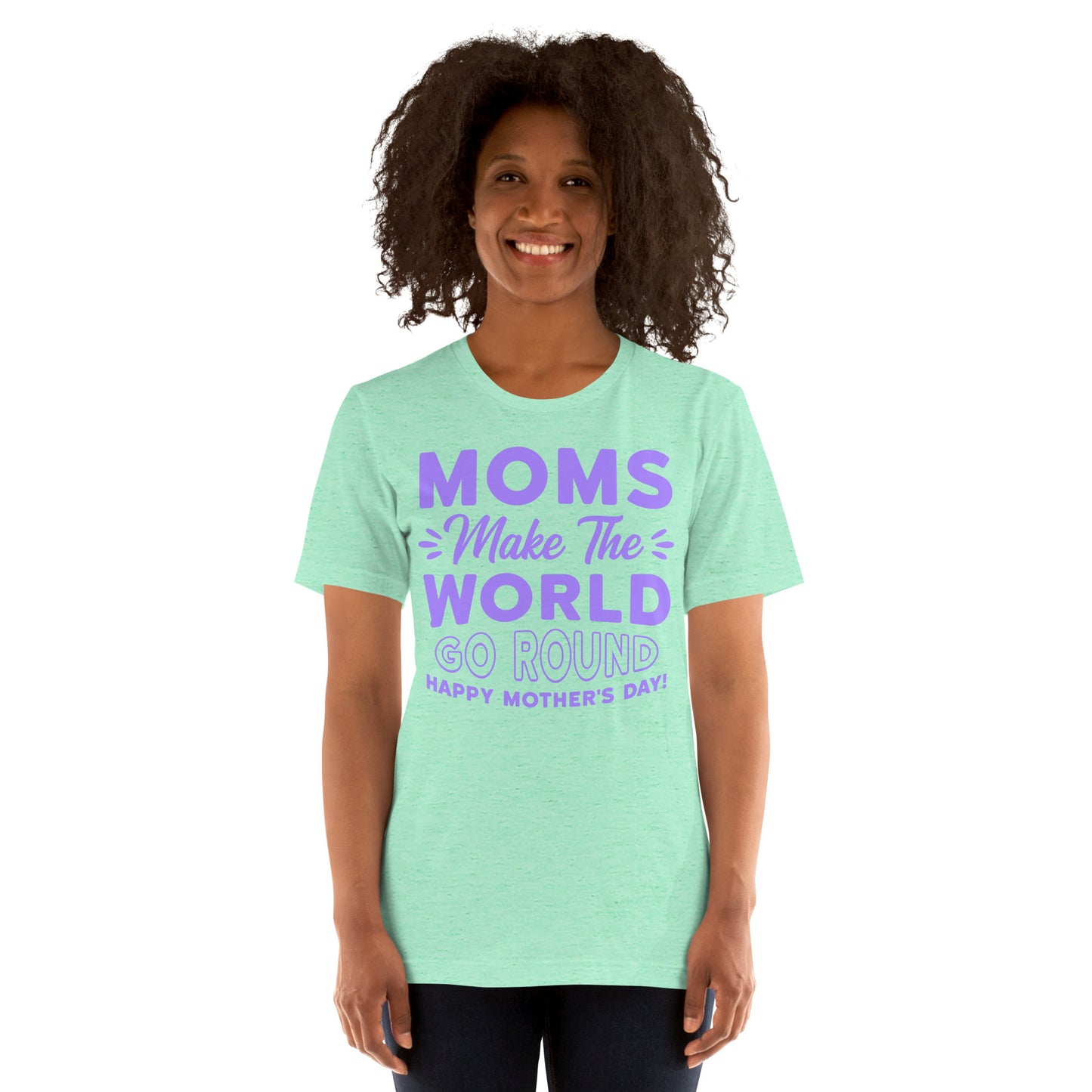 Worldly Love: Unisex Mother's Day T-Shirt - 'Moms Make the World Go Round' on Purple Letters