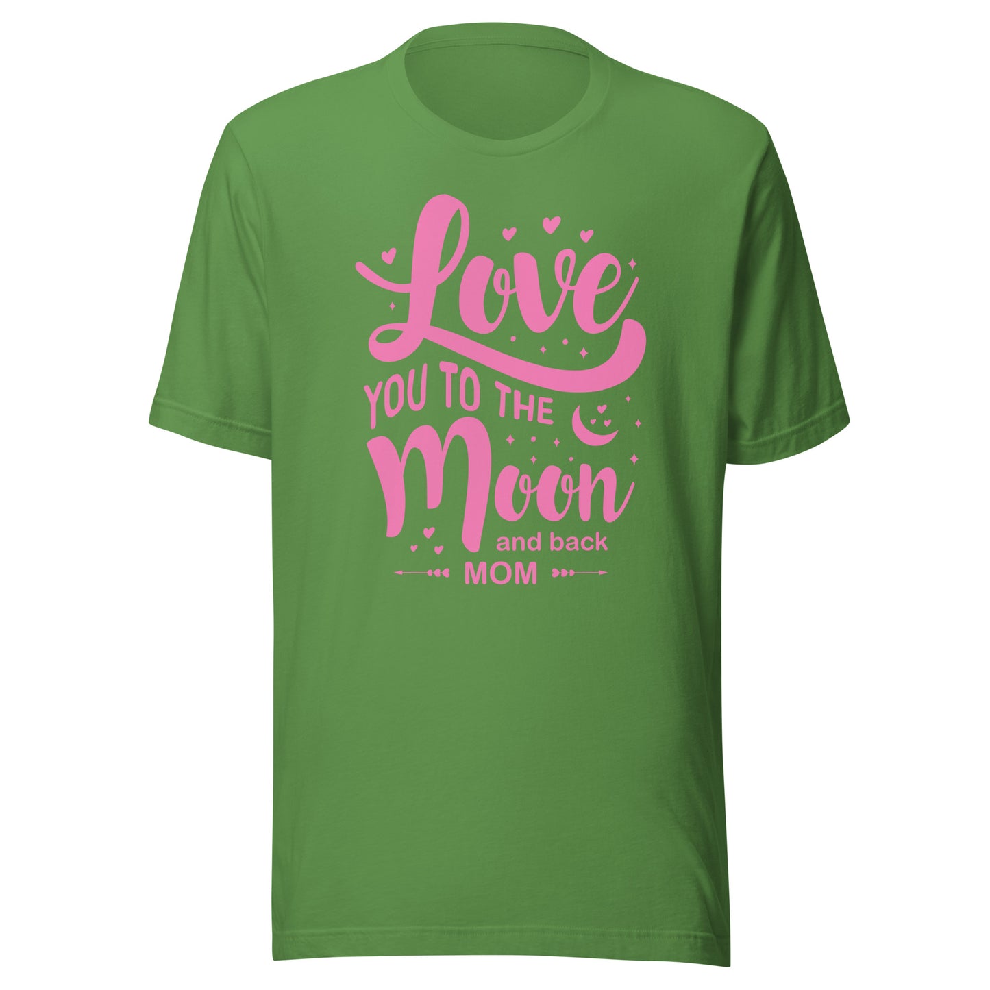 Celestial Affection: Unisex Mother's Day T-Shirt - 'Love You to the Moon and Back Mom' on Pink Letters