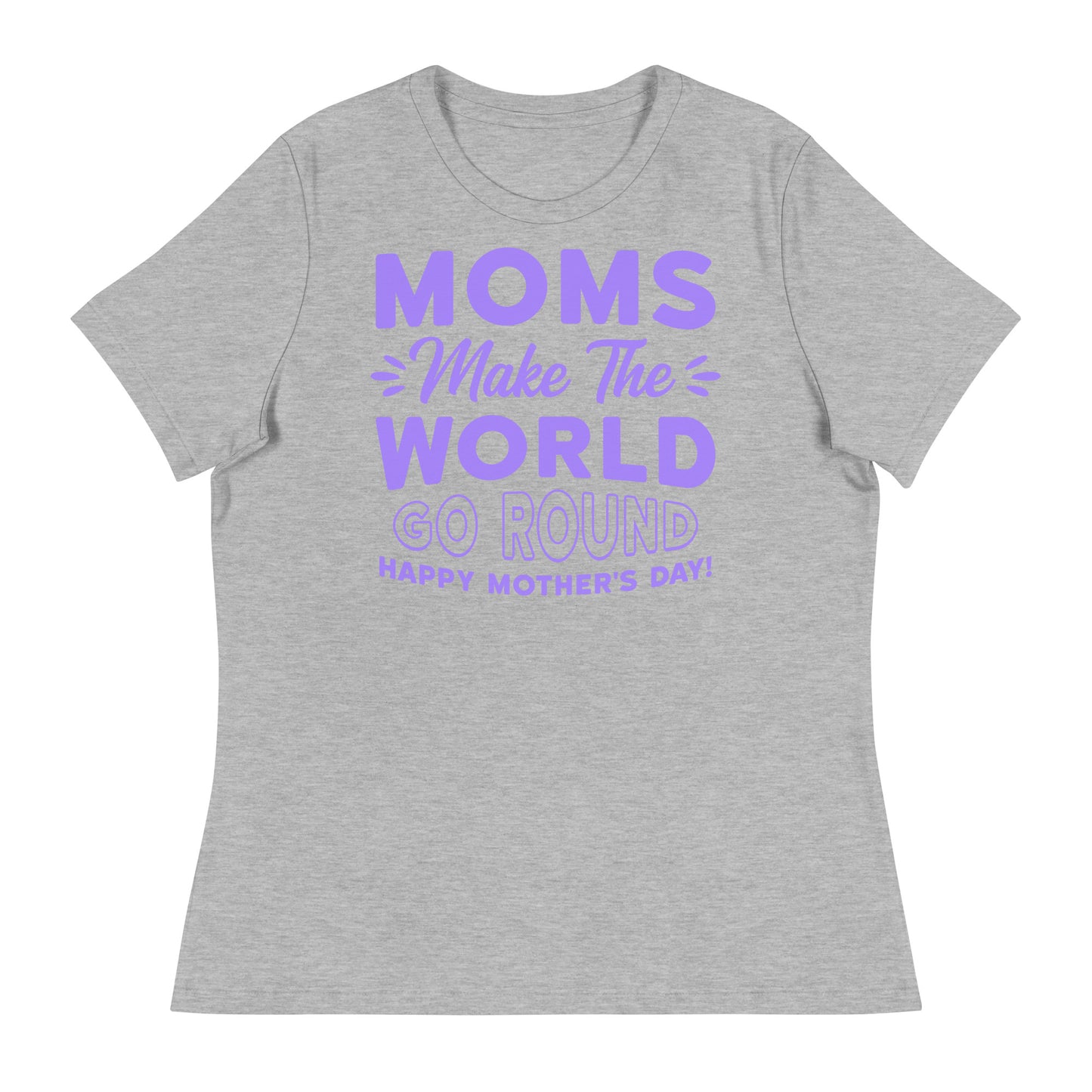 Worldly Love: Women's Mother's Day T-Shirt - 'Moms Make the World Go Round' on Purple Letters