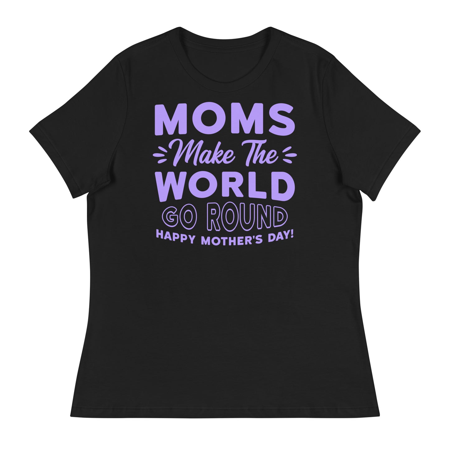 Worldly Love: Women's Mother's Day T-Shirt - 'Moms Make the World Go Round' on Purple Letters