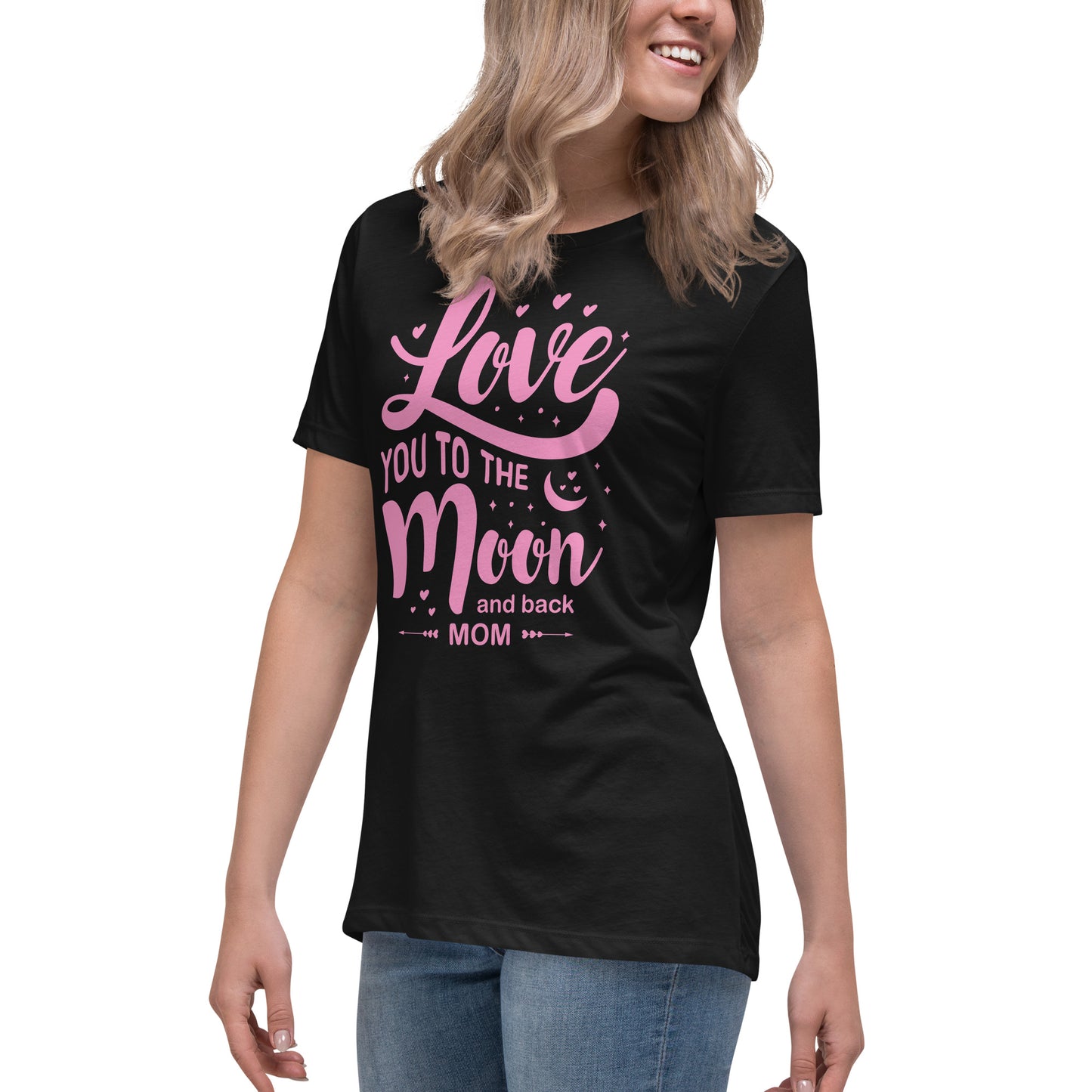 Celestial Affection: Women's Mother's Day T-Shirt - 'Love You to the Moon and Back Mom' on Pink Letters