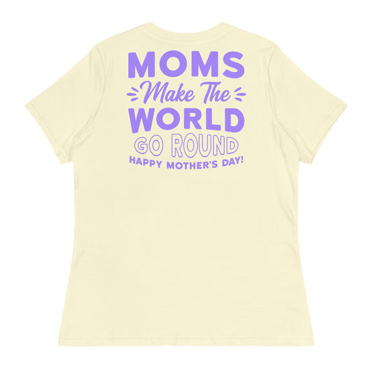 CUSTOM Worldly Love: Women's Mother's Day T-Shirt - 'Moms Make the World Go Round' on Purple Letters