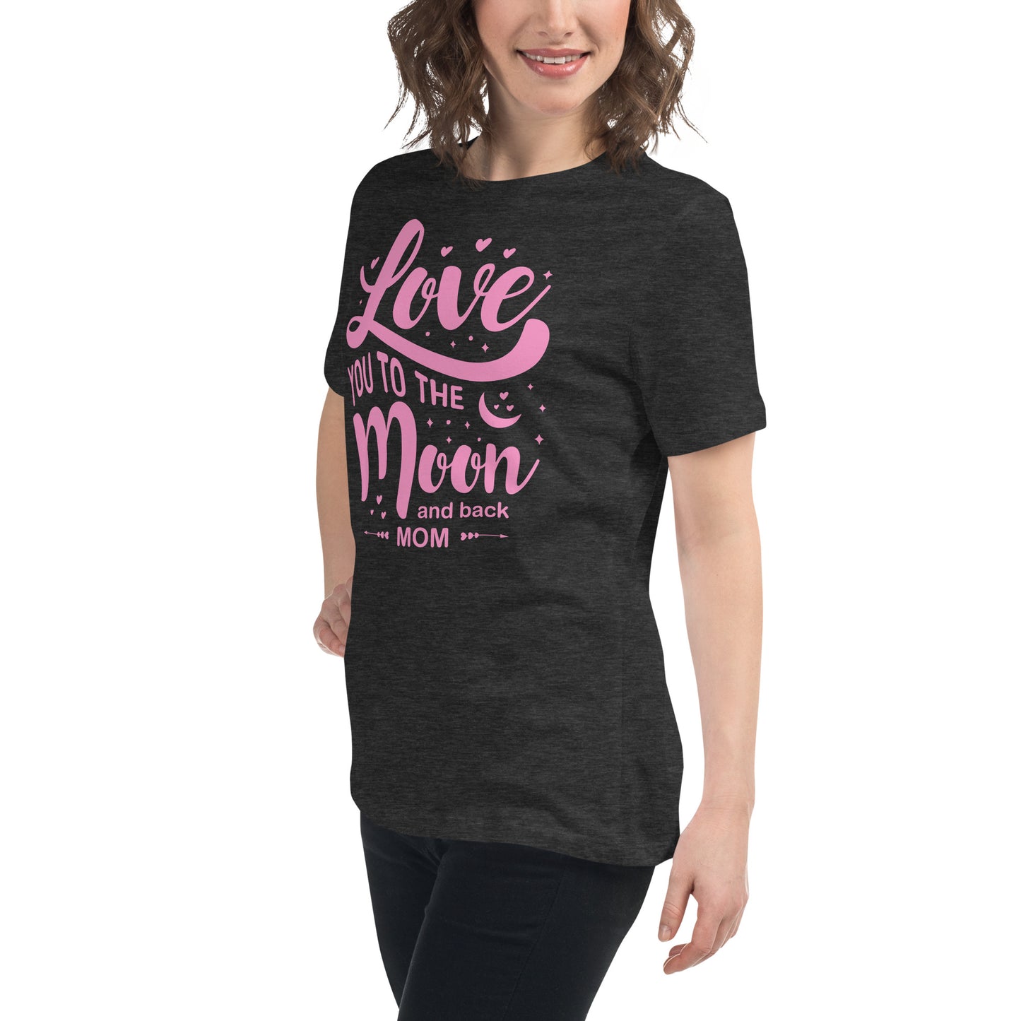 Celestial Affection: Women's Mother's Day T-Shirt - 'Love You to the Moon and Back Mom' on Pink Letters