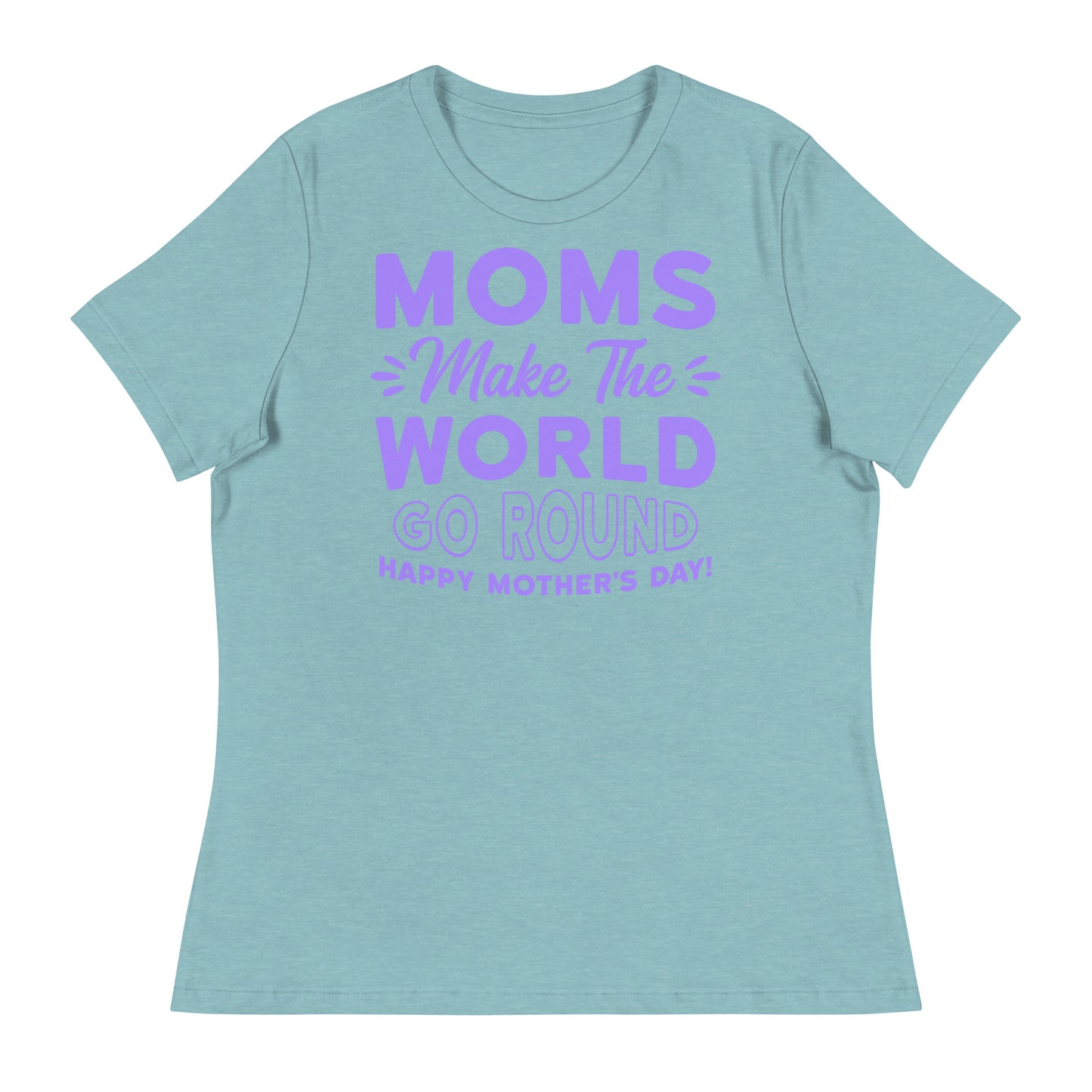 Worldly Love: Women's Mother's Day T-Shirt - 'Moms Make the World Go Round' on Purple Letters