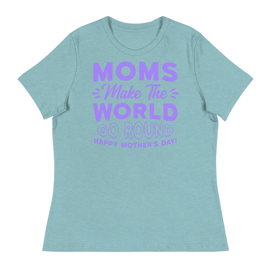 Worldly Love: Women's Mother's Day T-Shirt - 'Moms Make the World Go Round' on Purple Letters