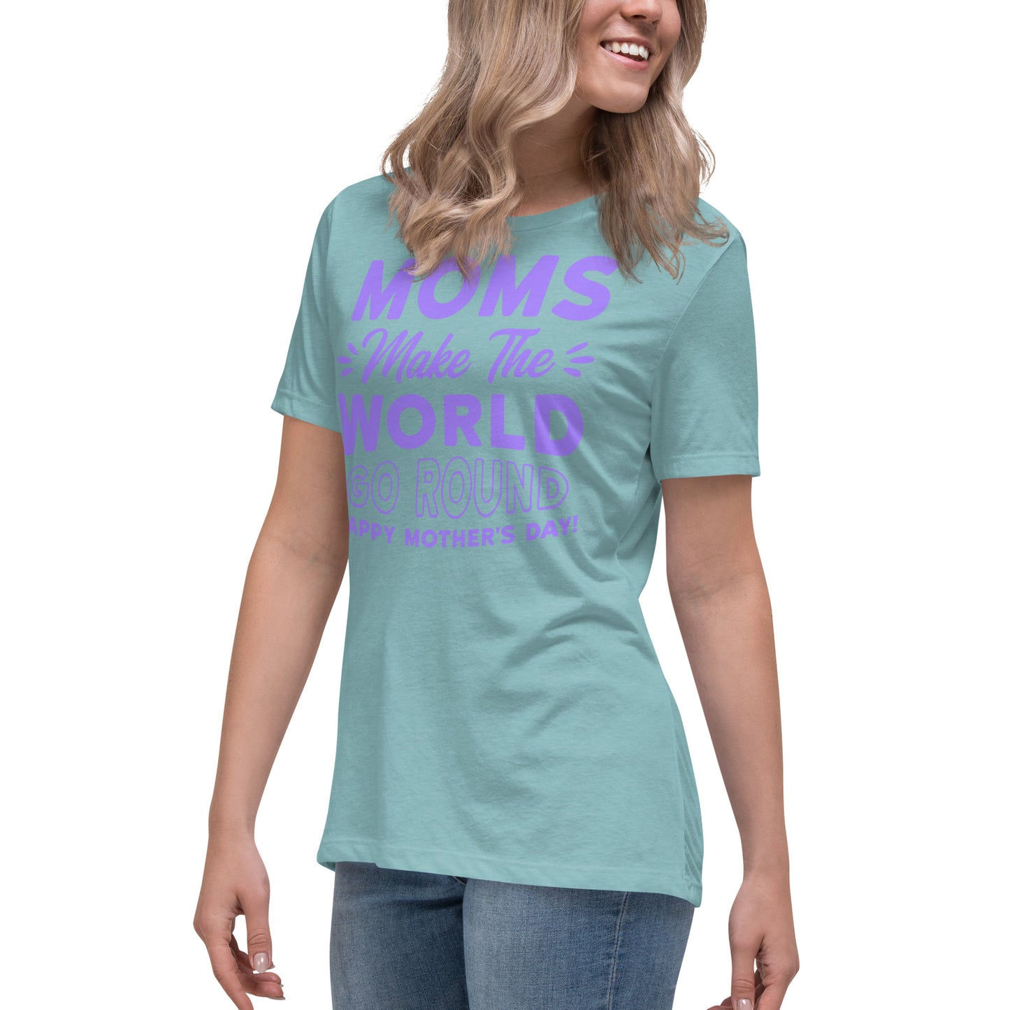 Worldly Love: Women's Mother's Day T-Shirt - 'Moms Make the World Go Round' on Purple Letters