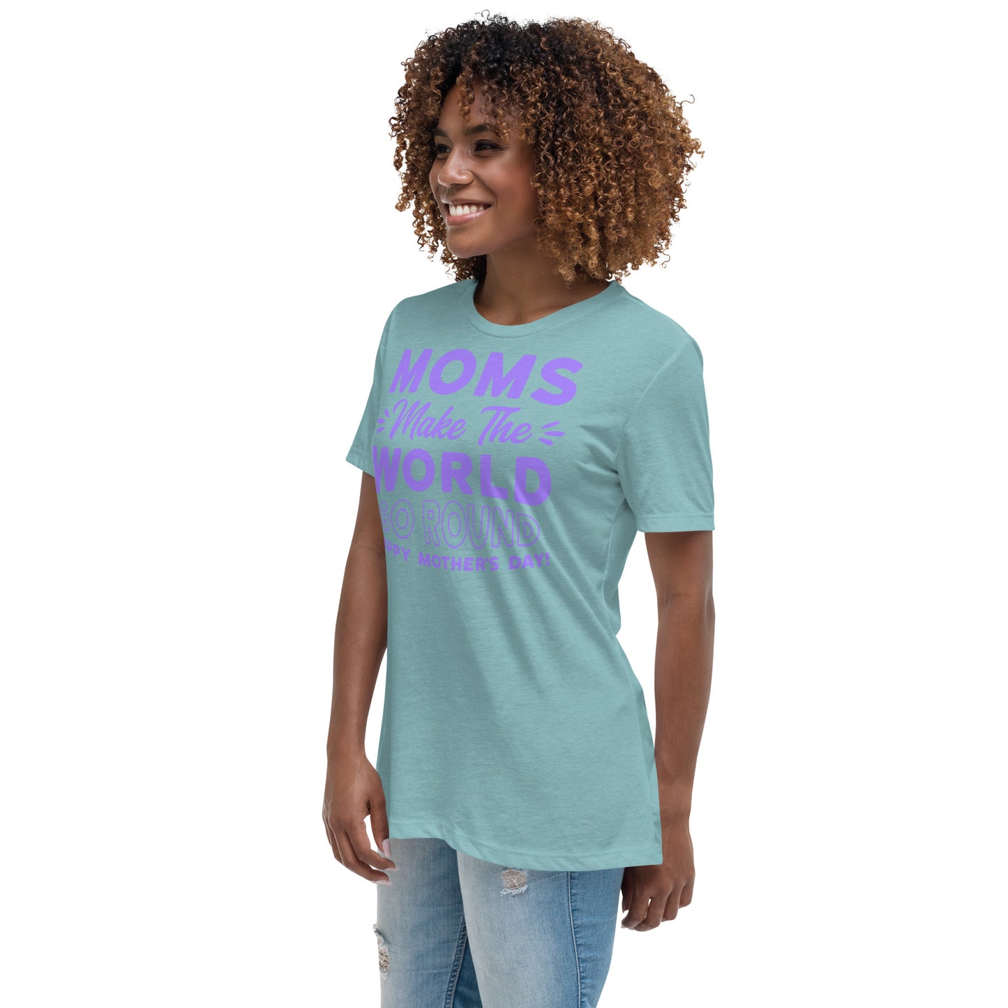 Worldly Love: Women's Mother's Day T-Shirt - 'Moms Make the World Go Round' on Purple Letters