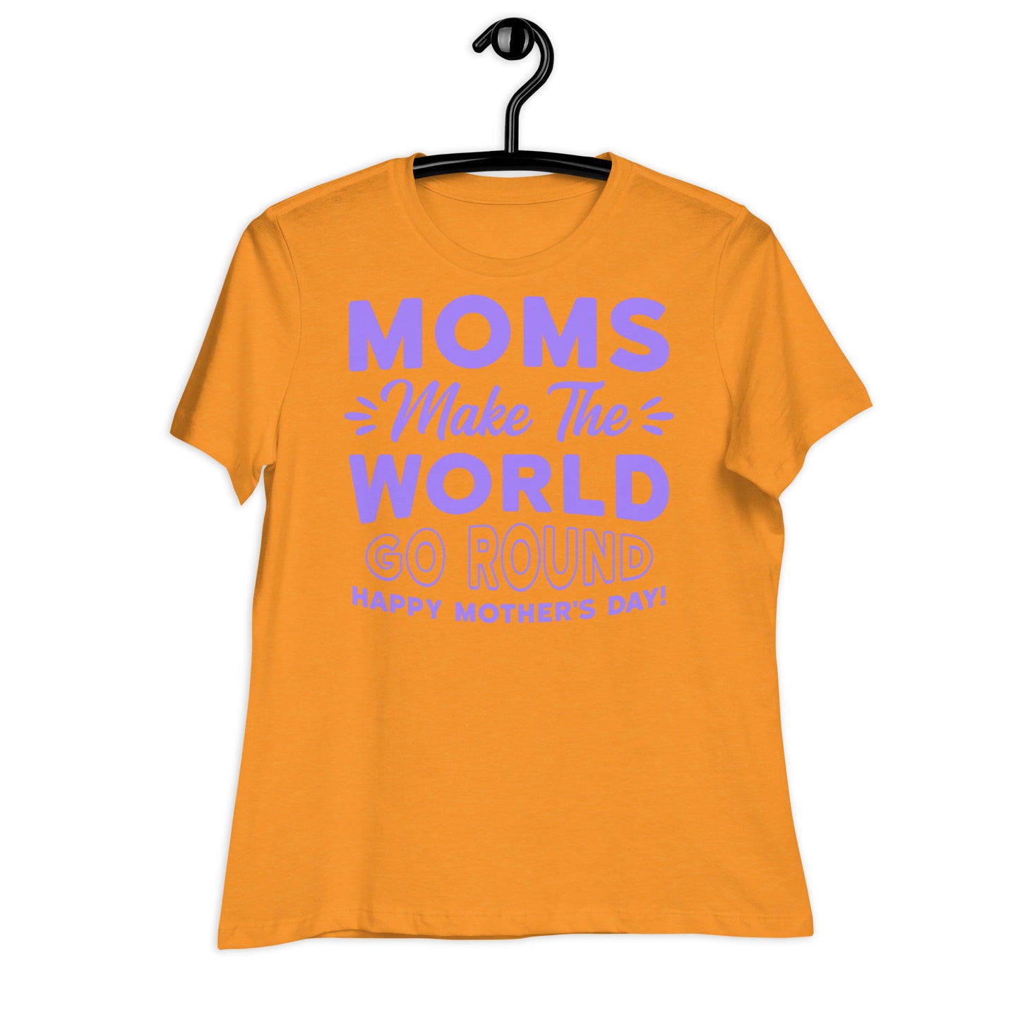 Worldly Love: Women's Mother's Day T-Shirt - 'Moms Make the World Go Round' on Purple Letters