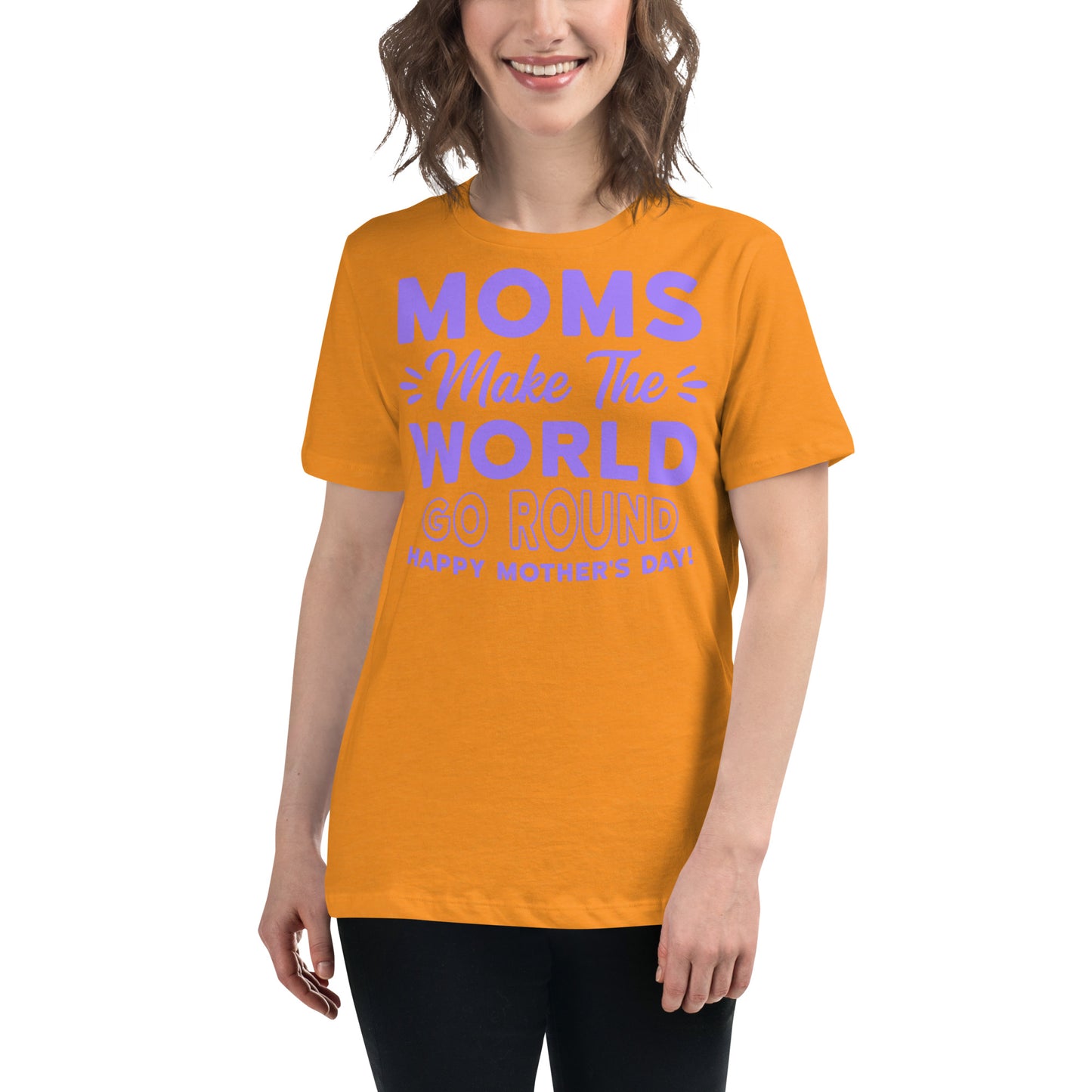 Worldly Love: Women's Mother's Day T-Shirt - 'Moms Make the World Go Round' on Purple Letters