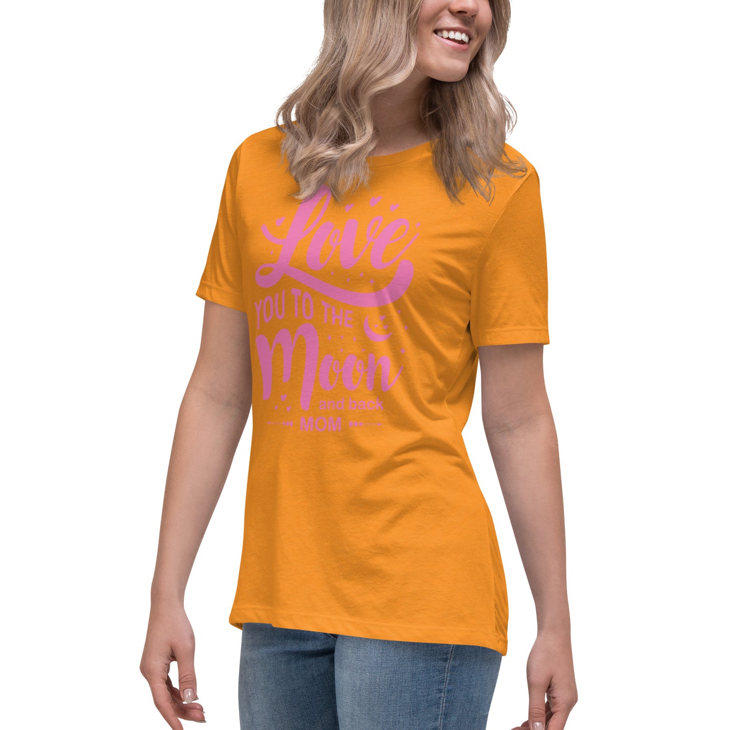 Celestial Affection: Women's Mother's Day T-Shirt - 'Love You to the Moon and Back Mom' on Pink Letters