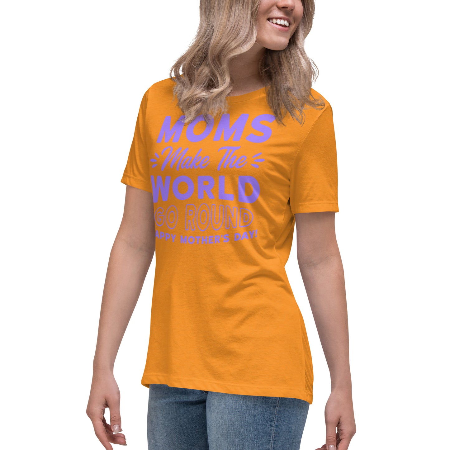 Worldly Love: Women's Mother's Day T-Shirt - 'Moms Make the World Go Round' on Purple Letters