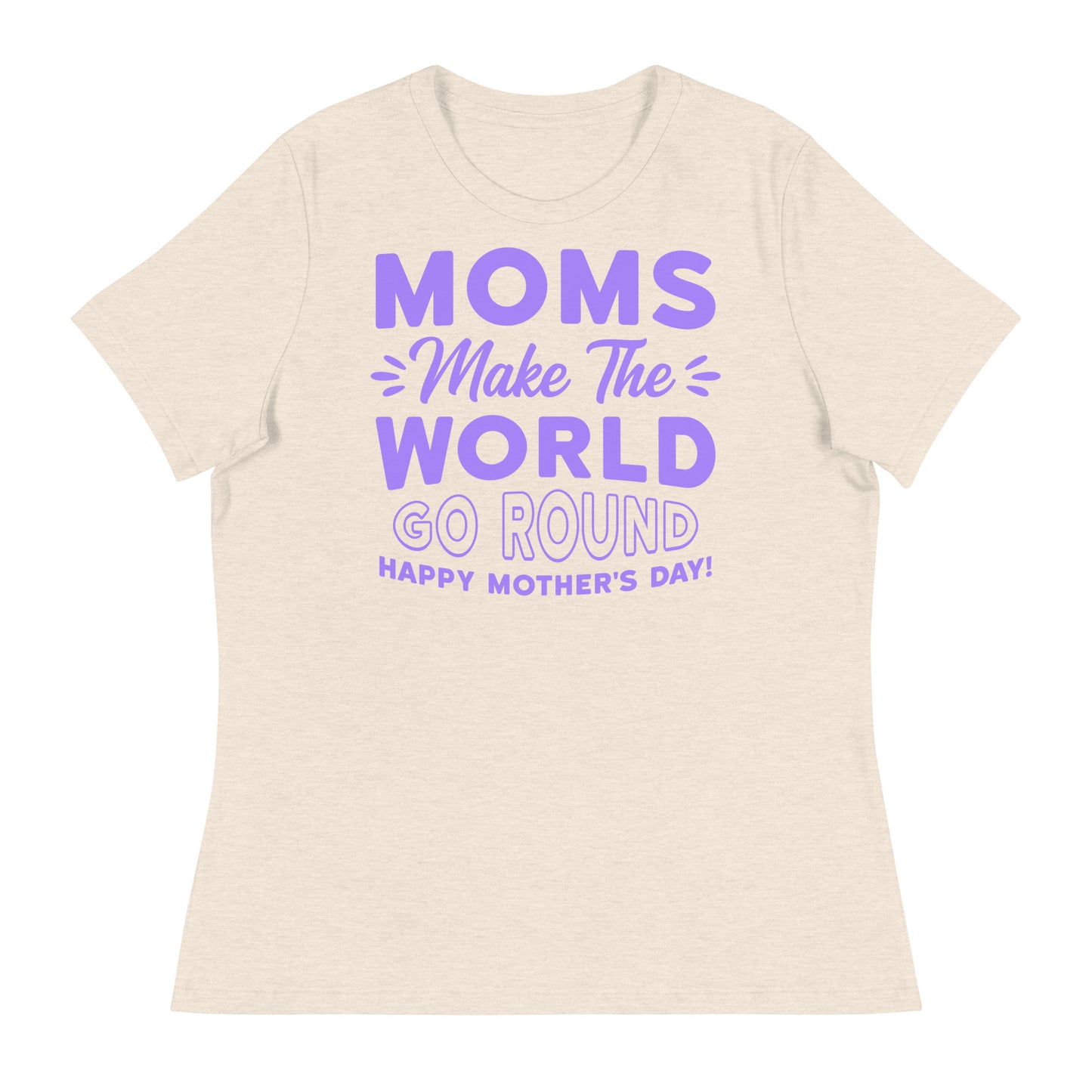 Worldly Love: Women's Mother's Day T-Shirt - 'Moms Make the World Go Round' on Purple Letters