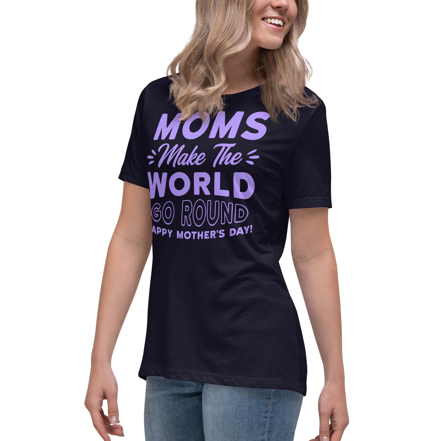 Worldly Love: Women's Mother's Day T-Shirt - 'Moms Make the World Go Round' on Purple Letters