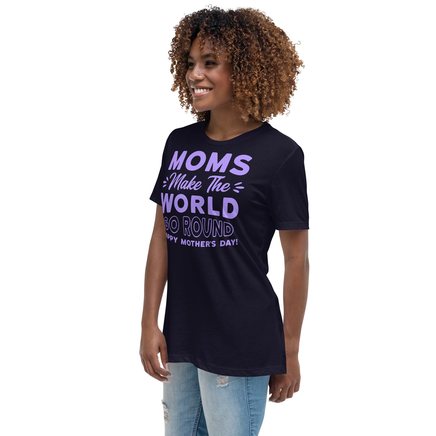 Worldly Love: Women's Mother's Day T-Shirt - 'Moms Make the World Go Round' on Purple Letters